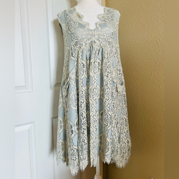 Free People Forget Me Not Lace Mini Dress in Light Blue and Cream - Picture 2 of 7